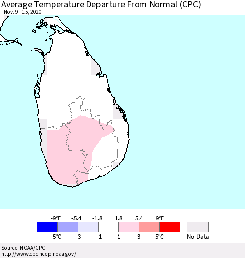 Sri Lanka Average Temperature Departure from Normal (CPC) Thematic Map For 11/9/2020 - 11/15/2020