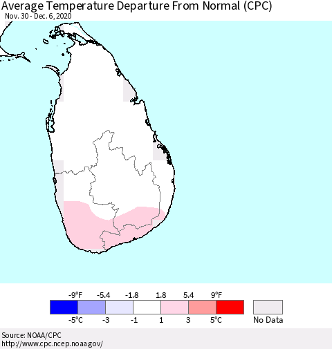 Sri Lanka Average Temperature Departure From Normal (CPC) Thematic Map For 11/30/2020 - 12/6/2020