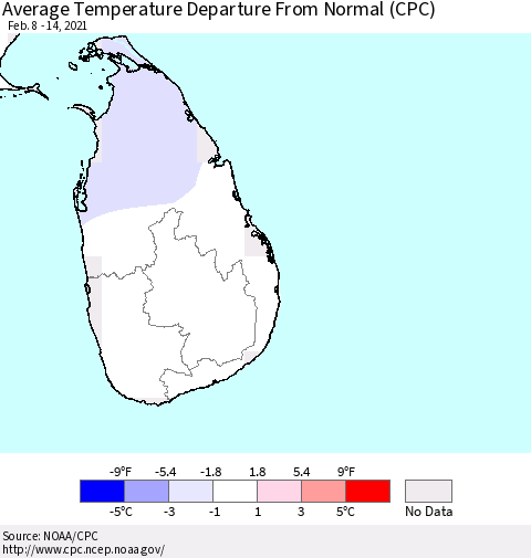 Sri Lanka Average Temperature Departure From Normal (CPC) Thematic Map For 2/8/2021 - 2/14/2021