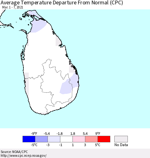 Sri Lanka Average Temperature Departure From Normal (CPC) Thematic Map For 3/1/2021 - 3/7/2021