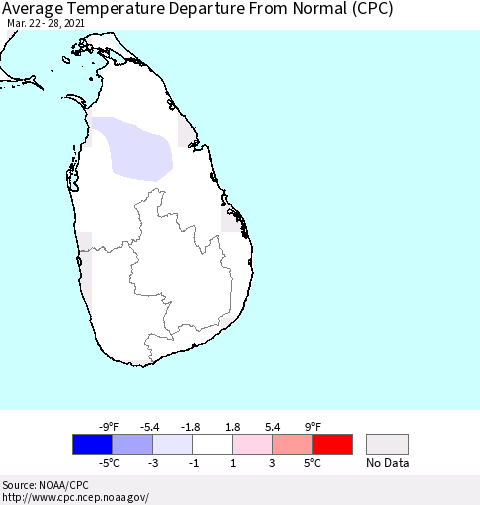 Sri Lanka Average Temperature Departure from Normal (CPC) Thematic Map For 3/22/2021 - 3/28/2021