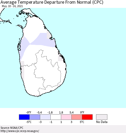 Sri Lanka Average Temperature Departure from Normal (CPC) Thematic Map For 5/10/2021 - 5/16/2021