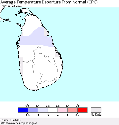 Sri Lanka Average Temperature Departure from Normal (CPC) Thematic Map For 5/17/2021 - 5/23/2021