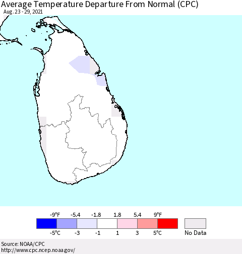 Sri Lanka Average Temperature Departure from Normal (CPC) Thematic Map For 8/23/2021 - 8/29/2021