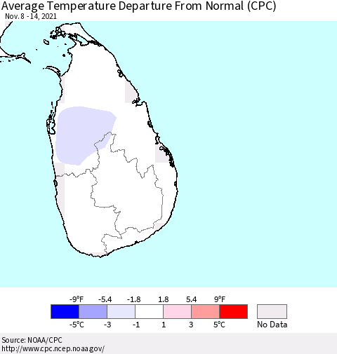 Sri Lanka Average Temperature Departure from Normal (CPC) Thematic Map For 11/8/2021 - 11/14/2021
