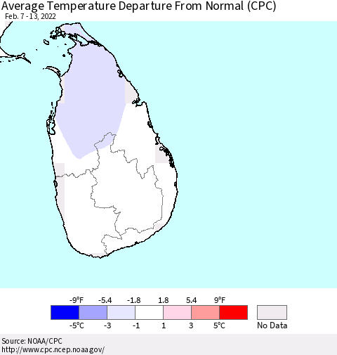 Sri Lanka Average Temperature Departure from Normal (CPC) Thematic Map For 2/7/2022 - 2/13/2022