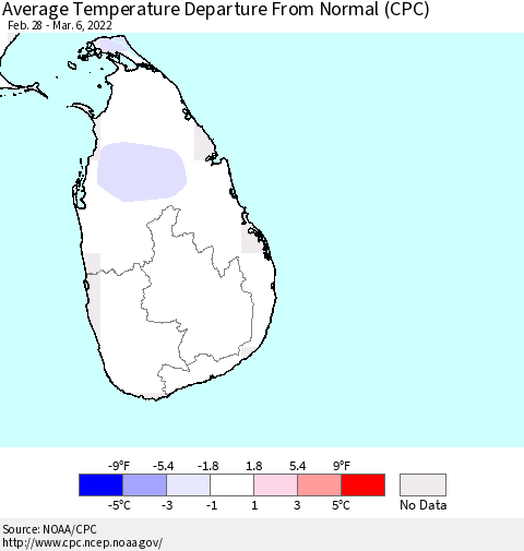 Sri Lanka Average Temperature Departure from Normal (CPC) Thematic Map For 2/28/2022 - 3/6/2022