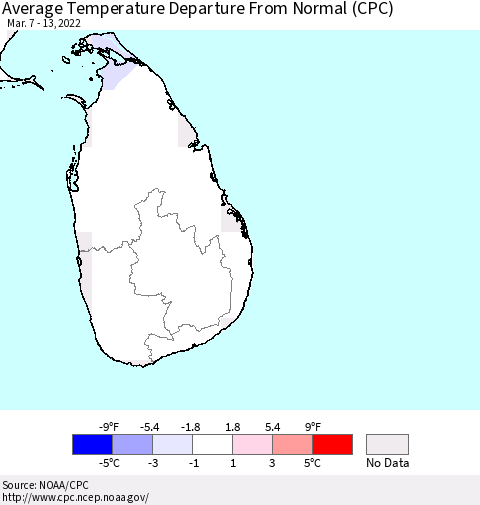 Sri Lanka Average Temperature Departure from Normal (CPC) Thematic Map For 3/7/2022 - 3/13/2022