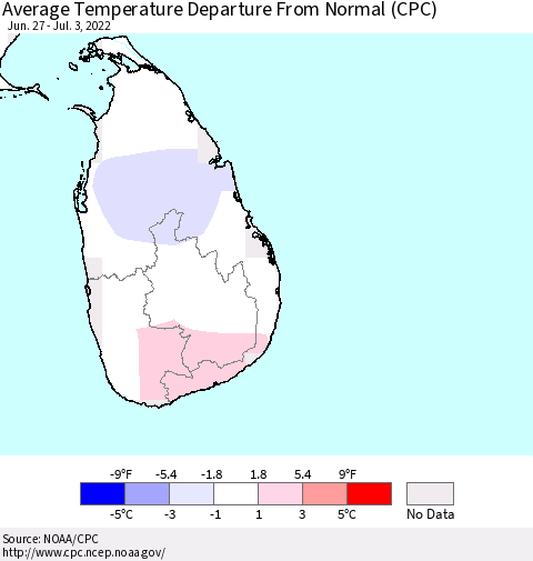 Sri Lanka Average Temperature Departure From Normal (CPC) Thematic Map For 6/27/2022 - 7/3/2022