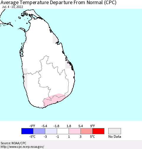 Sri Lanka Average Temperature Departure from Normal (CPC) Thematic Map For 7/4/2022 - 7/10/2022