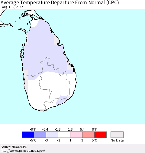 Sri Lanka Average Temperature Departure from Normal (CPC) Thematic Map For 8/1/2022 - 8/7/2022