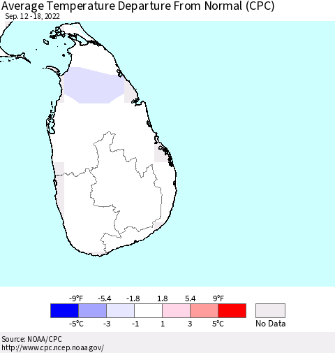 Sri Lanka Average Temperature Departure from Normal (CPC) Thematic Map For 9/12/2022 - 9/18/2022