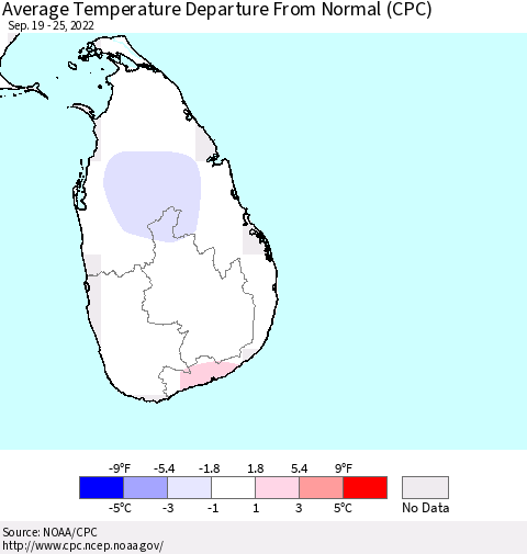 Sri Lanka Average Temperature Departure from Normal (CPC) Thematic Map For 9/19/2022 - 9/25/2022