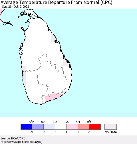 Sri Lanka Average Temperature Departure from Normal (CPC) Thematic Map For 9/26/2022 - 10/2/2022