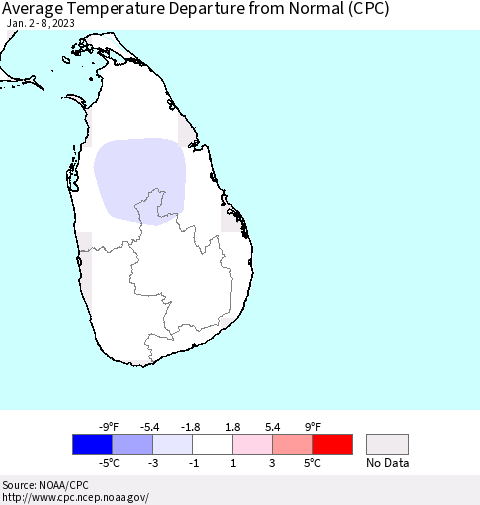 Sri Lanka Average Temperature Departure from Normal (CPC) Thematic Map For 1/2/2023 - 1/8/2023