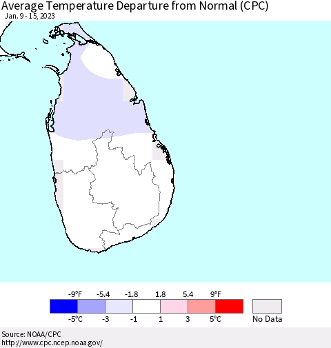 Sri Lanka Average Temperature Departure from Normal (CPC) Thematic Map For 1/9/2023 - 1/15/2023