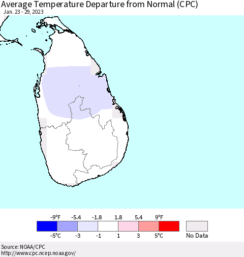 Sri Lanka Average Temperature Departure from Normal (CPC) Thematic Map For 1/23/2023 - 1/29/2023
