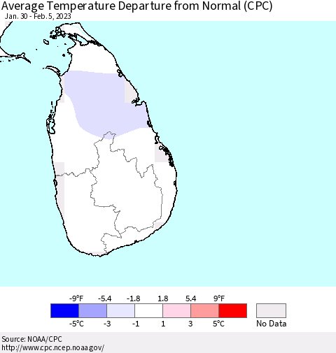 Sri Lanka Average Temperature Departure from Normal (CPC) Thematic Map For 1/30/2023 - 2/5/2023