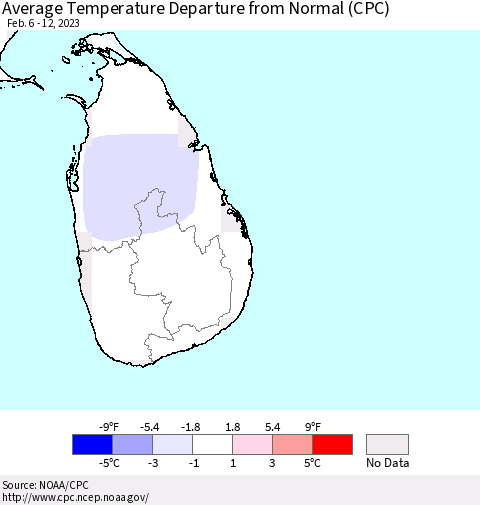 Sri Lanka Average Temperature Departure from Normal (CPC) Thematic Map For 2/6/2023 - 2/12/2023