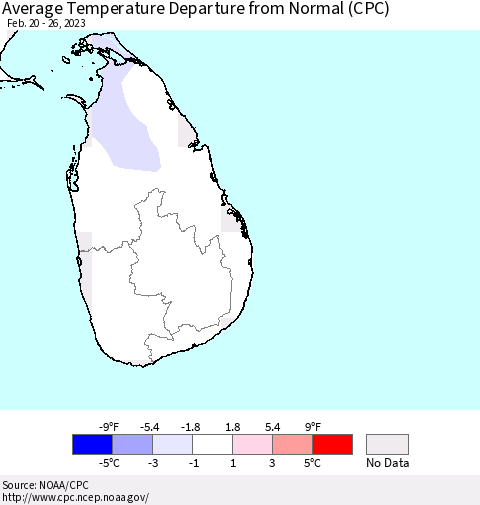 Sri Lanka Average Temperature Departure from Normal (CPC) Thematic Map For 2/20/2023 - 2/26/2023