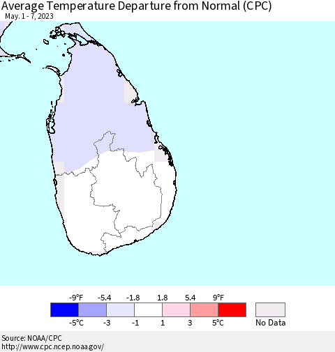 Sri Lanka Average Temperature Departure from Normal (CPC) Thematic Map For 5/1/2023 - 5/7/2023