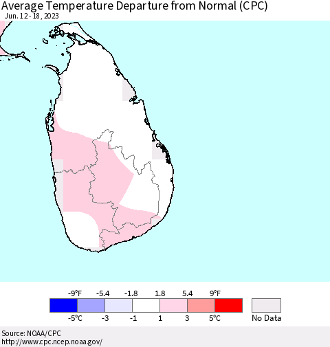 Sri Lanka Average Temperature Departure from Normal (CPC) Thematic Map For 6/12/2023 - 6/18/2023