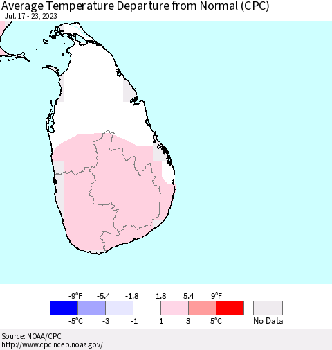 Sri Lanka Average Temperature Departure from Normal (CPC) Thematic Map For 7/17/2023 - 7/23/2023