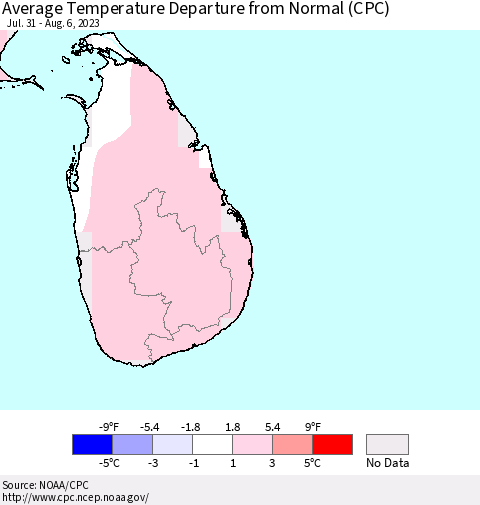 Sri Lanka Average Temperature Departure from Normal (CPC) Thematic Map For 7/31/2023 - 8/6/2023