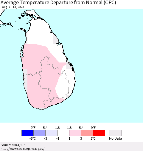 Sri Lanka Average Temperature Departure from Normal (CPC) Thematic Map For 8/7/2023 - 8/13/2023