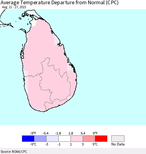 Sri Lanka Average Temperature Departure from Normal (CPC) Thematic Map For 8/21/2023 - 8/27/2023