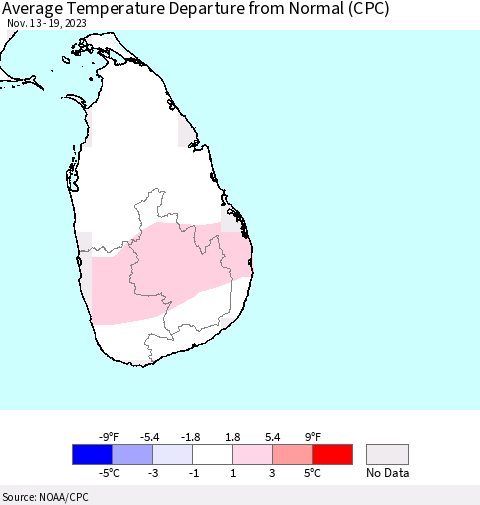 Sri Lanka Average Temperature Departure from Normal (CPC) Thematic Map For 11/13/2023 - 11/19/2023