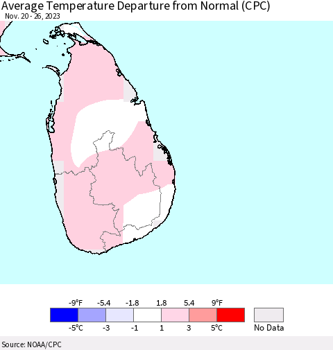 Sri Lanka Average Temperature Departure from Normal (CPC) Thematic Map For 11/20/2023 - 11/26/2023