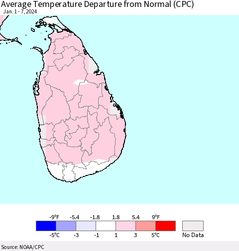 Sri Lanka Average Temperature Departure from Normal (CPC) Thematic Map For 1/1/2024 - 1/7/2024