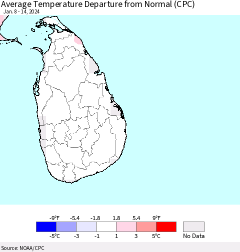 Sri Lanka Average Temperature Departure from Normal (CPC) Thematic Map For 1/8/2024 - 1/14/2024