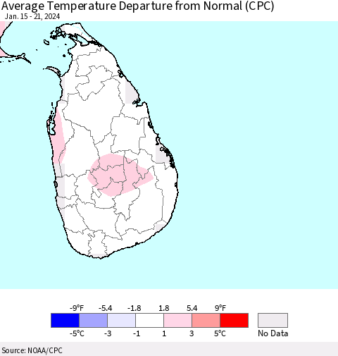 Sri Lanka Average Temperature Departure from Normal (CPC) Thematic Map For 1/15/2024 - 1/21/2024