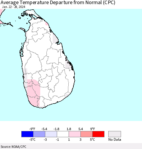 Sri Lanka Average Temperature Departure from Normal (CPC) Thematic Map For 1/22/2024 - 1/28/2024