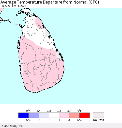 Sri Lanka Average Temperature Departure from Normal (CPC) Thematic Map For 1/29/2024 - 2/4/2024