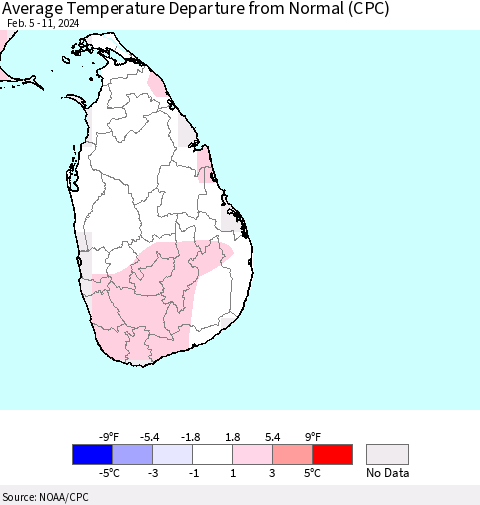 Sri Lanka Average Temperature Departure from Normal (CPC) Thematic Map For 2/5/2024 - 2/11/2024