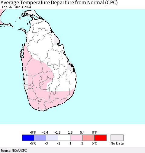 Sri Lanka Average Temperature Departure from Normal (CPC) Thematic Map For 2/26/2024 - 3/3/2024