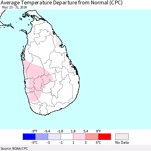 Sri Lanka Average Temperature Departure from Normal (CPC) Thematic Map For 3/25/2024 - 3/31/2024
