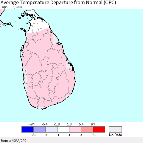 Sri Lanka Average Temperature Departure from Normal (CPC) Thematic Map For 4/1/2024 - 4/7/2024