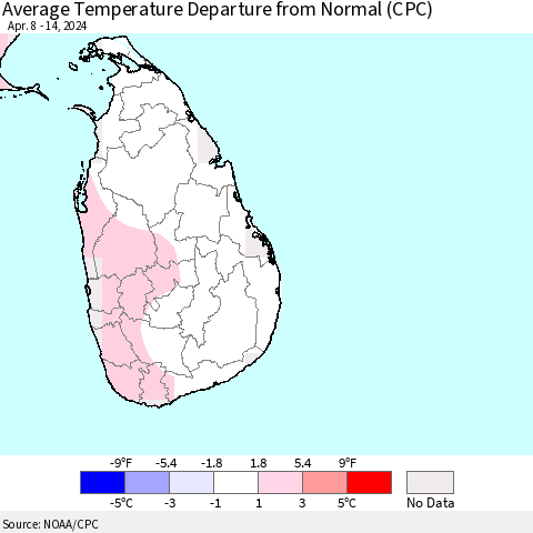Sri Lanka Average Temperature Departure from Normal (CPC) Thematic Map For 4/8/2024 - 4/14/2024