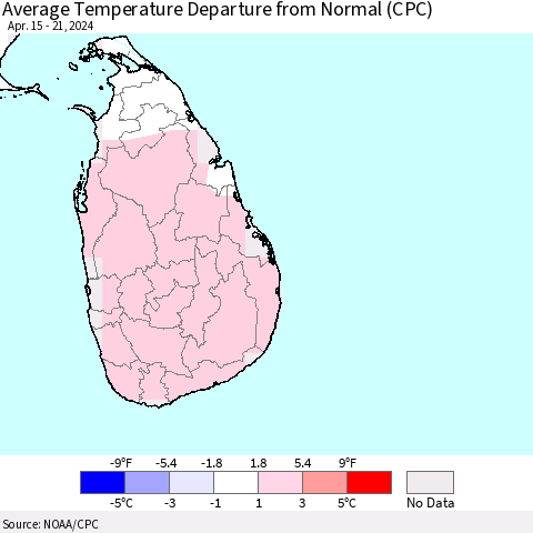 Sri Lanka Average Temperature Departure from Normal (CPC) Thematic Map For 4/15/2024 - 4/21/2024