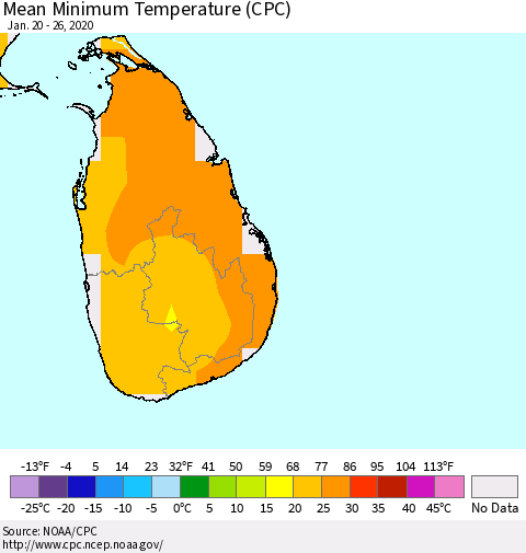 Sri Lanka Minimum Temperature (CPC) Thematic Map For 1/20/2020 - 1/26/2020