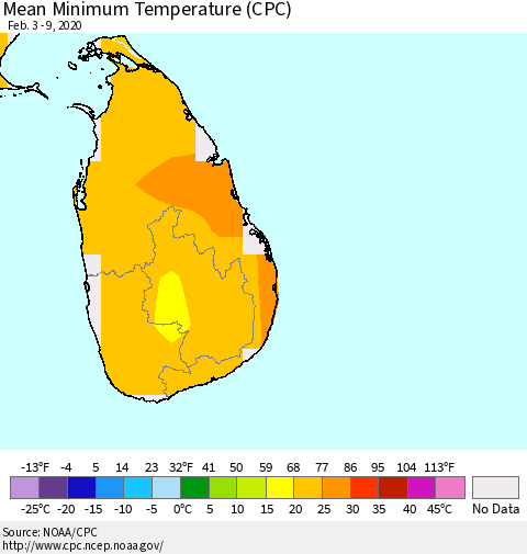 Sri Lanka Minimum Temperature (CPC) Thematic Map For 2/3/2020 - 2/9/2020