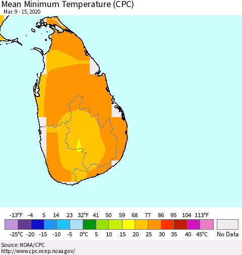 Sri Lanka Minimum Temperature (CPC) Thematic Map For 3/9/2020 - 3/15/2020