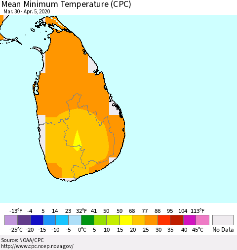 Sri Lanka Minimum Temperature (CPC) Thematic Map For 3/30/2020 - 4/5/2020