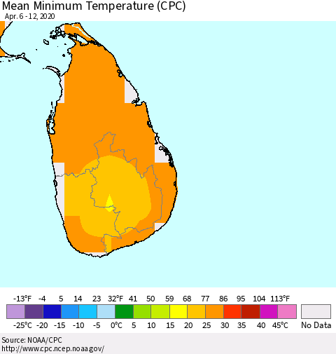 Sri Lanka Minimum Temperature (CPC) Thematic Map For 4/6/2020 - 4/12/2020