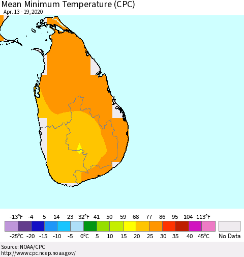 Sri Lanka Mean Minimum Temperature (CPC) Thematic Map For 4/13/2020 - 4/19/2020