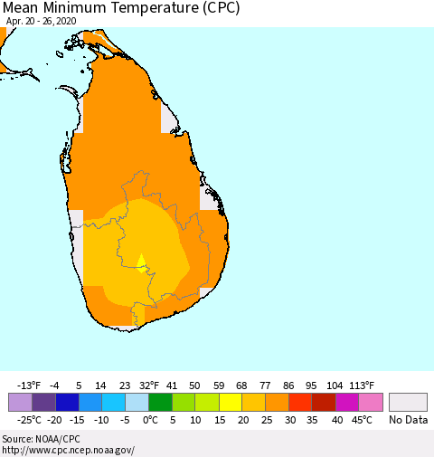 Sri Lanka Mean Minimum Temperature (CPC) Thematic Map For 4/20/2020 - 4/26/2020